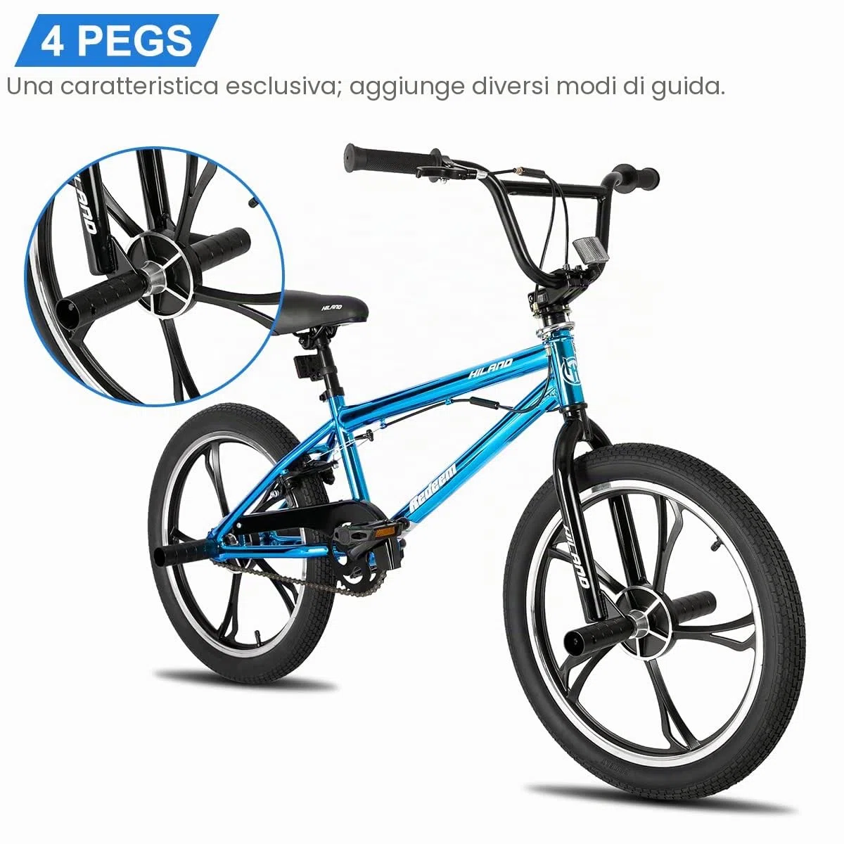 HILAND Bicicletta BMX da 20 pollici a 5 raggi, rotore da 360 gradi per stili Libero, bicicletta BMX a 4 perni per Allenamento e acrobazie, Blu