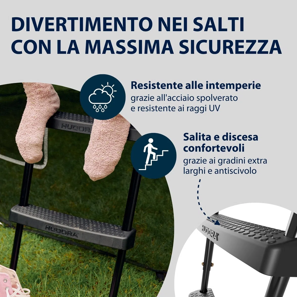HUDORA Scaletta Universale - scaletta per Trampolino Antiscivolo con scalini Larghi - scaletta di Sicurezza Regolabile per Il Trampolino - Scala di Alta qualità e Resistente ai Raggi UV