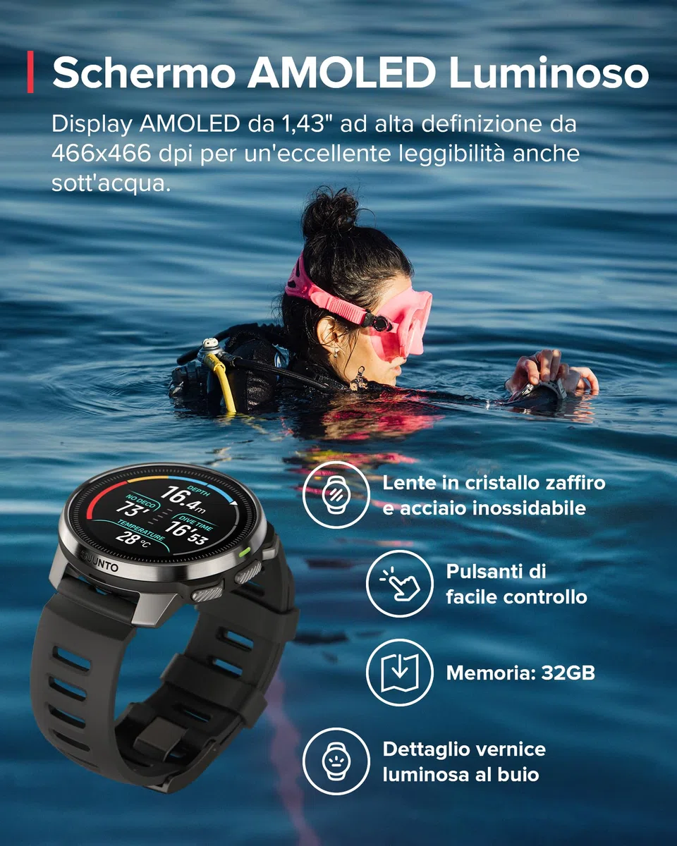 SUUNTO OCEAN Orologio Subacqueo e Sportivo Uomo, Schermo AMOLED, 10ATM/7 Bar, Dualband GNSS Mappa Offline, GPS Activity Tracker, 95+ Sports, Cardiofrequenzimetro, Autonomia 60H in Modalità Immersione