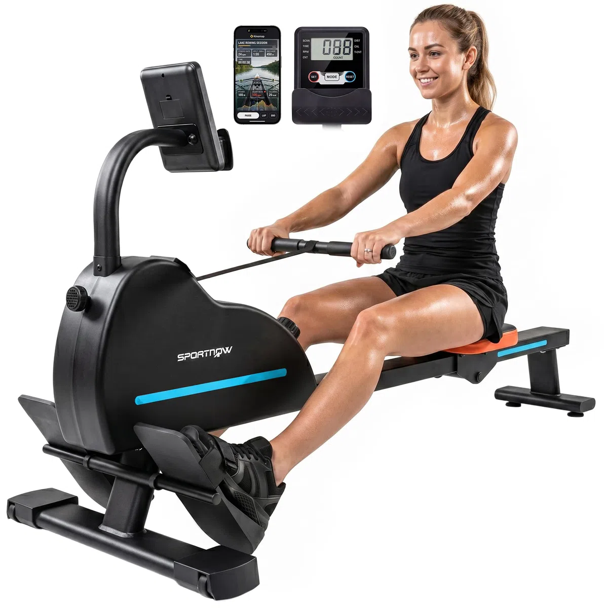 SPORTNOW Vogatore per Casa, Vogatore Magnetico Silenzioso, 16 Livelli Resistenza, APP Bluetooth, Display LCD, Portatelefono, Ruote, Stoccaggio Verticale Salvaspazio, Max 130kg, Fitness Casa Palestra