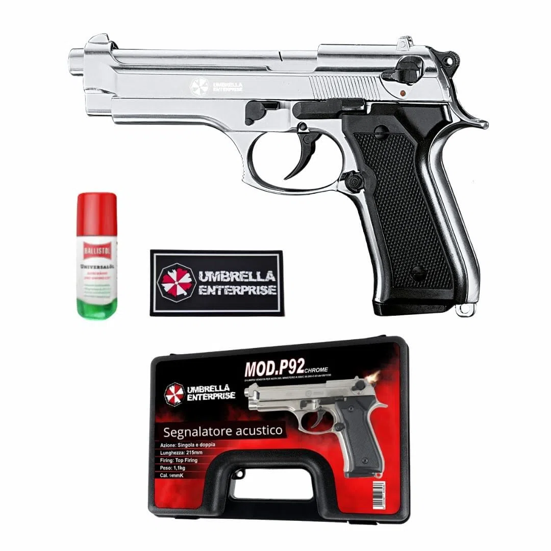 Pistola a Salve Mod. 92 Top Firing 9 mm, Segnalatore Acustico Scacciacani/Addestramento, Chrome - Kit con Olio Ballistol Incluso