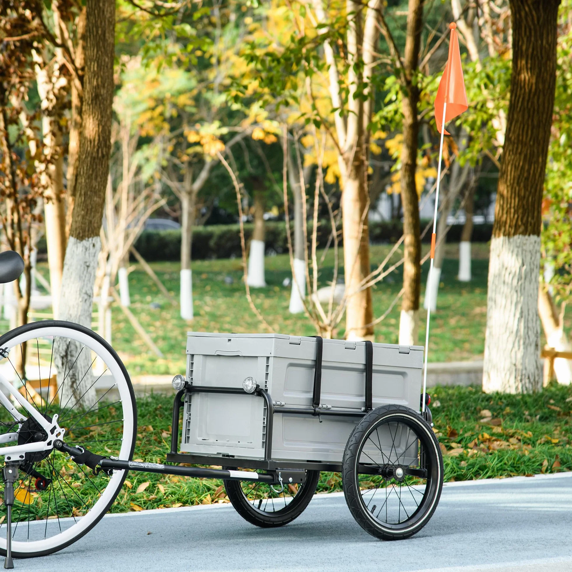 HOMCOM Rimorchio Carrello da bicicletta con vano portaoggetti rimovibile e pieghevole da 65 l, pneumatici e riflettori di sicurezza, carico massimo 40 kg, grigio