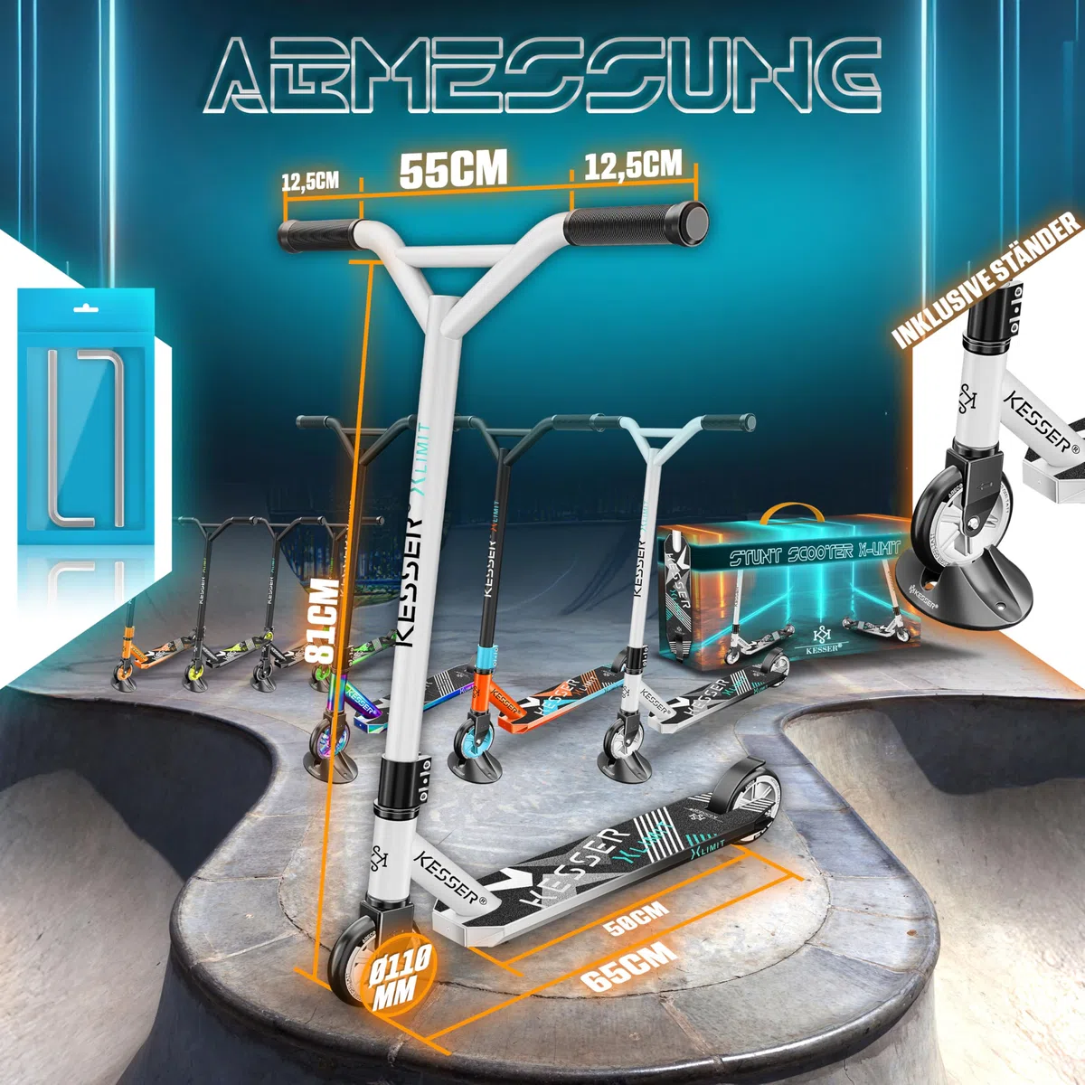 KESSER® Monopattino divertente Monopattino acrobatico X-Limit - Sterzo a 360° con ABEC 9 cuscinetti a sfera ruote in PU da 100 mm Monopattino robusto, Monopattino per bambini adulti