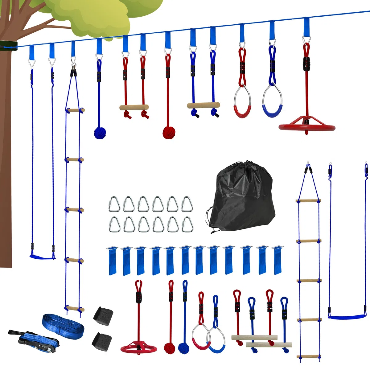 AIYAPLAY Ninja Line - Set Slackline per bambini, 10 m, con anelli da ginnastica, altalena, scaletta per arrampicate, protezione per alberi, aste da arrampicata, vassoio sospeso, set da gioco per
