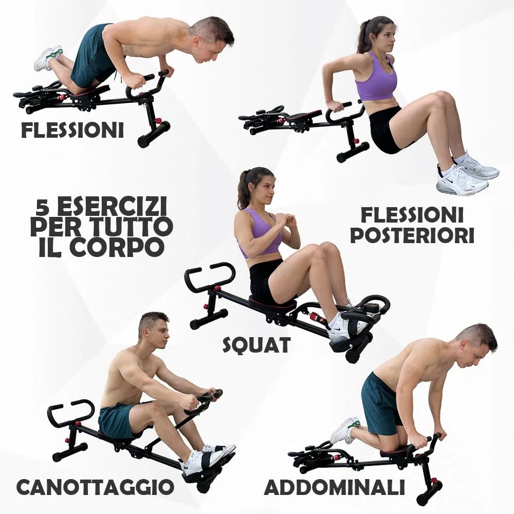 GIORGIO MASTROTA Vogatore per casa Pieghevole Con Display e 12 Livelli di resistenza Salvaspazio e silenzioso Attrezzo Palestra Multifunzione Pettorali Glutei Addominali Gambe Braccia Aerobica
