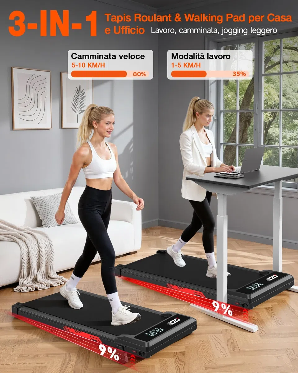 Tapis Roulant Elettrico Pieghevole 3 in 1 con Inclinazione 9%, Walking Pad 1-10 km/h, Motore Brushless Silenzioso 3,0 HP, Portata 140 kg, Display LED, Ammortizzato, Salvaspazio Casa Ufficio