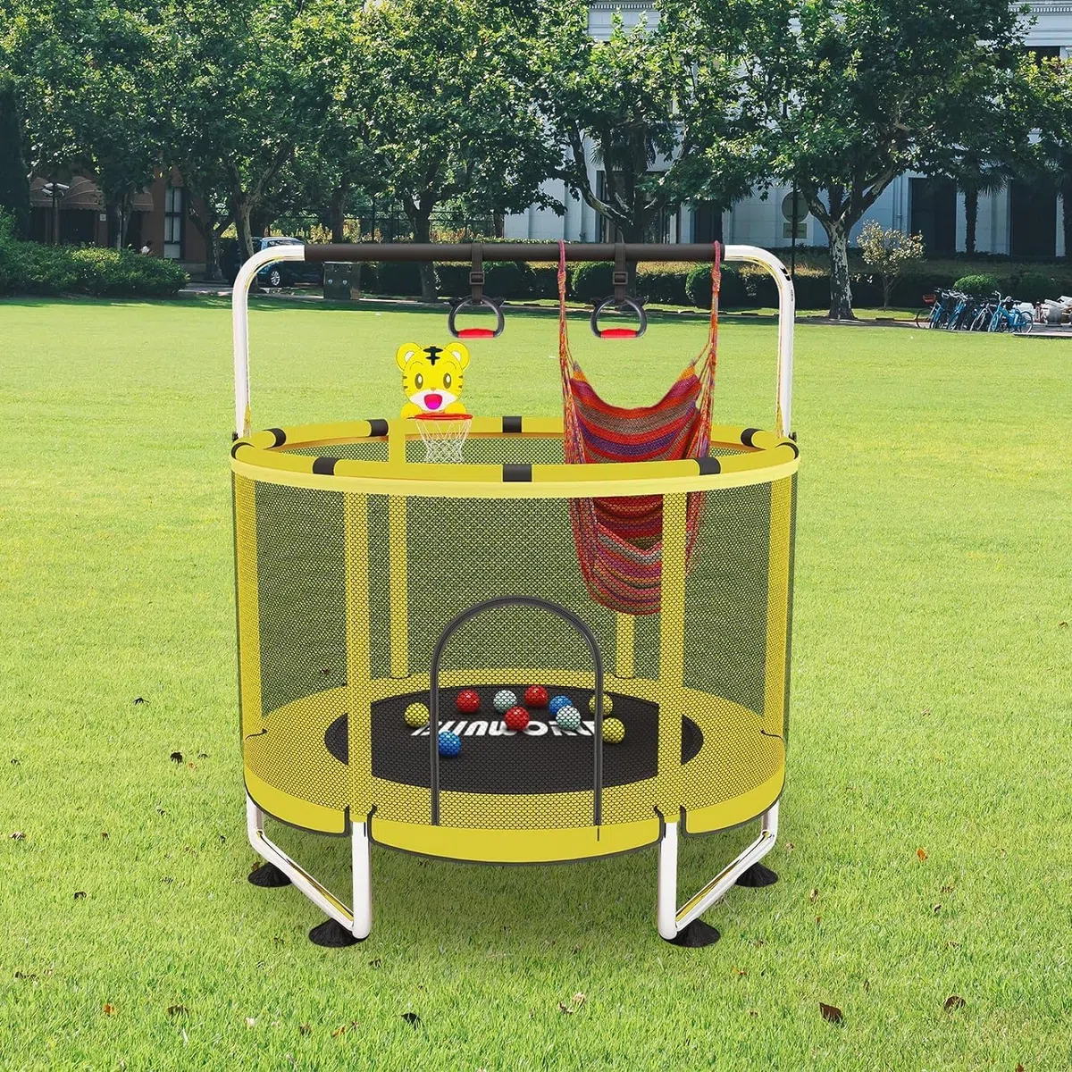 Trampolino per bambini, regolabile, con canestro da basket, 200 kg, per interni ed esterni, con recinzione