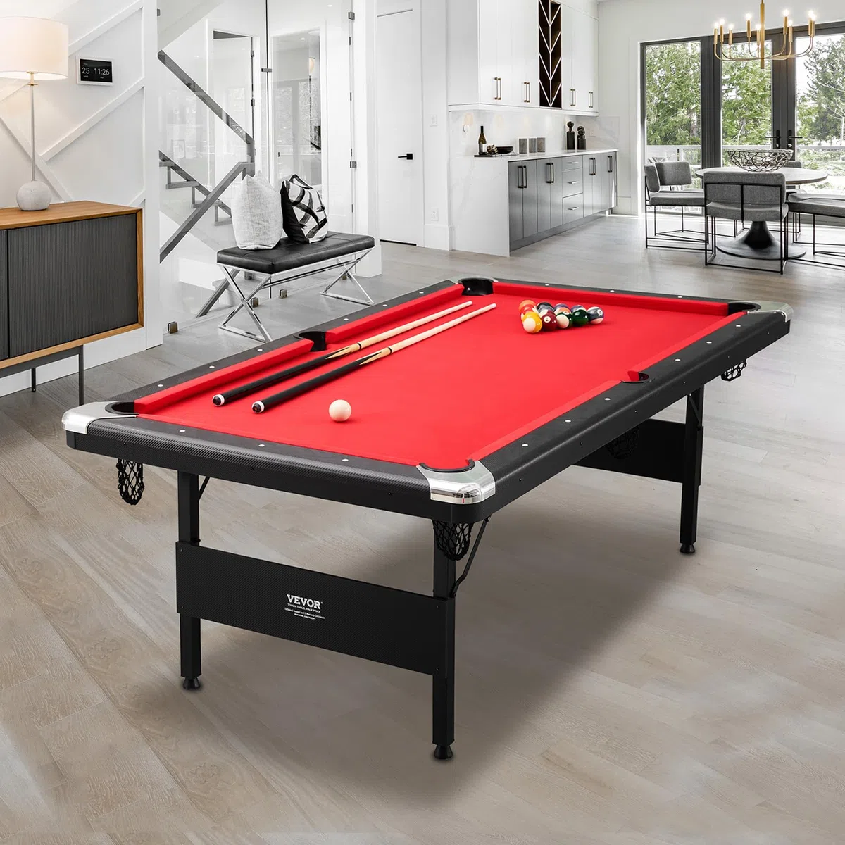 VEVOR Tavolo da Biliardo da 7 Piedi, Pieghevole Salvaspazio, Set Con Palline, Stecche, Gesso, Nero, Perfetto per la Sala Giochi di Famiglia per Bambini e Adulti