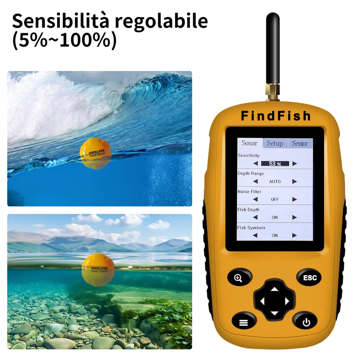 Ecoscandaglio da Pesca Sensore Sonar Portatile Trasduttore Cercatore di profondità dell'acqua Schermo a cristalli liquidi Ghiaccio Pesca in Mare