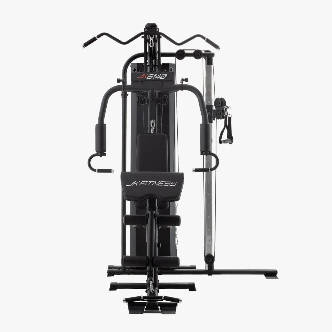 JK FITNESS [Stazione Multifunzione Con Double Pulley Laterale Pacco Pesi 80Kg] MultiGym Macchina A Cavi Home Gym Cavi Acciaio 5mm, Carrucole 9cm, Regolazioni Sedile 3 Schienale 5, JK6140 FullBlack Pro