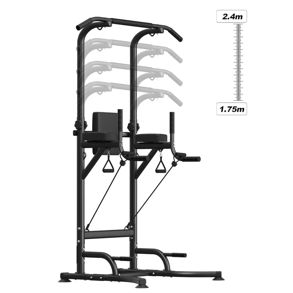 Torre da Allenamento con Barra per Trazioni e Stazione Dip per Palestra Domestica, Altezza Regolabile, Portata 150 KG con Ventole Antiscivolo, Base in Acciaio a Forma di H