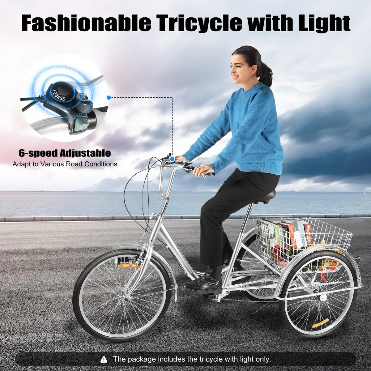 Triciclo per adulti, 24 pollici, 3 ruote per adulti, Shimano 6 marce Cruise Trike Cargo Bike con cestino, bicicletta per sport all'aria aperta e shopping