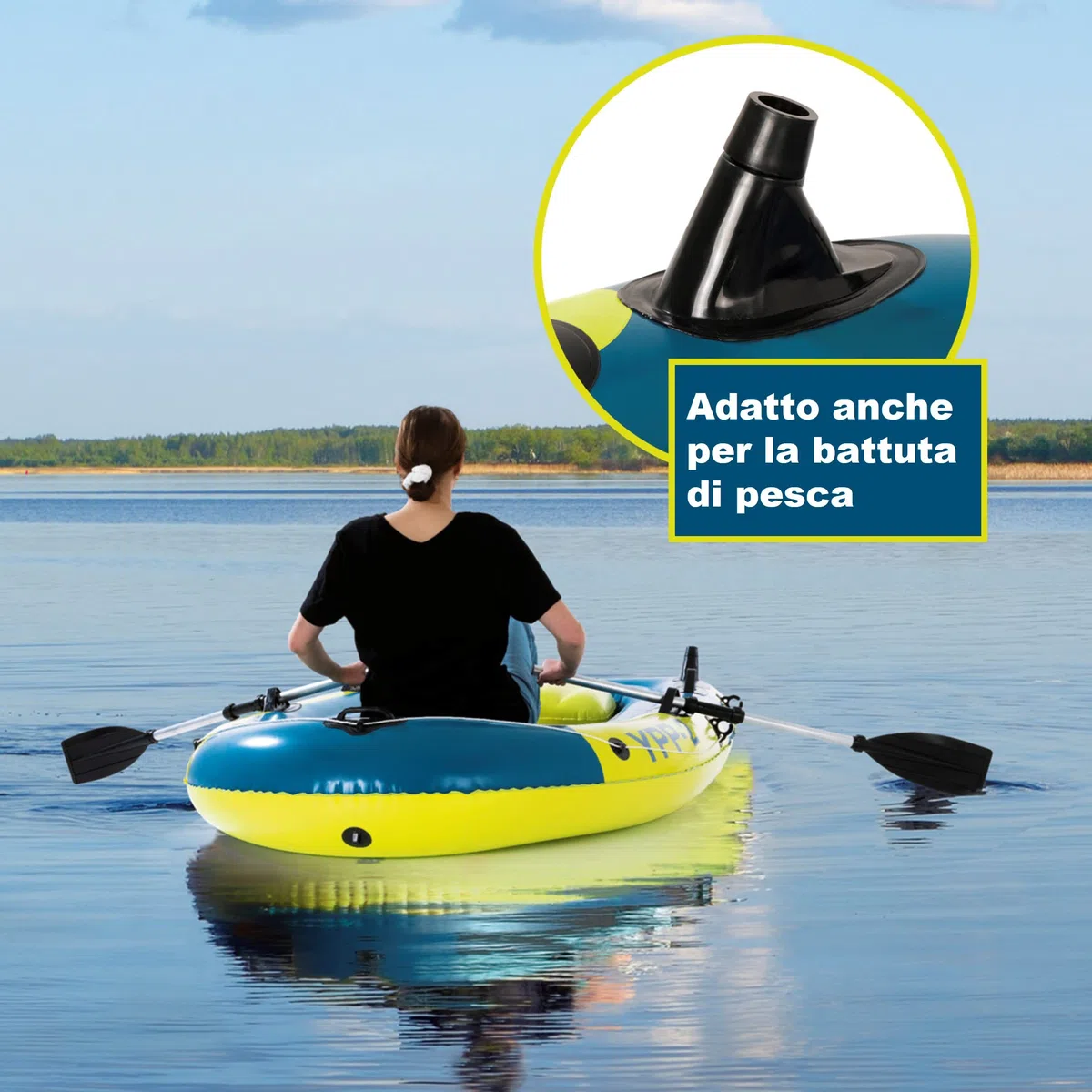 Hoberg Gommoni per imbarcazioni 2 posti / 4 posti | Adatto per 2 o 4 persone | Con 2 panche, 2 pagaie, pompa, kit di riparazione, 2 supporti per la pesca, sacca asciutta e altri accessori [blu/giallo]