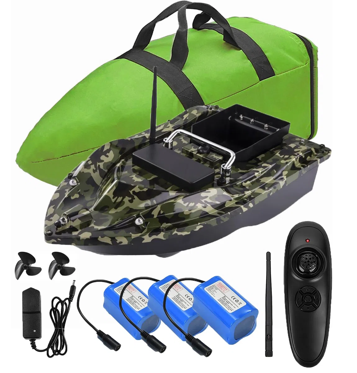 Barchino carpfishing Bait Boat, 12000mah Batterie di grande capacità Barca esca da pesca, 500m Telecomando, 1,5 kg di carico Hopper.wind e resistente alle onde, con borsa. Dare antenne, eliche.QW