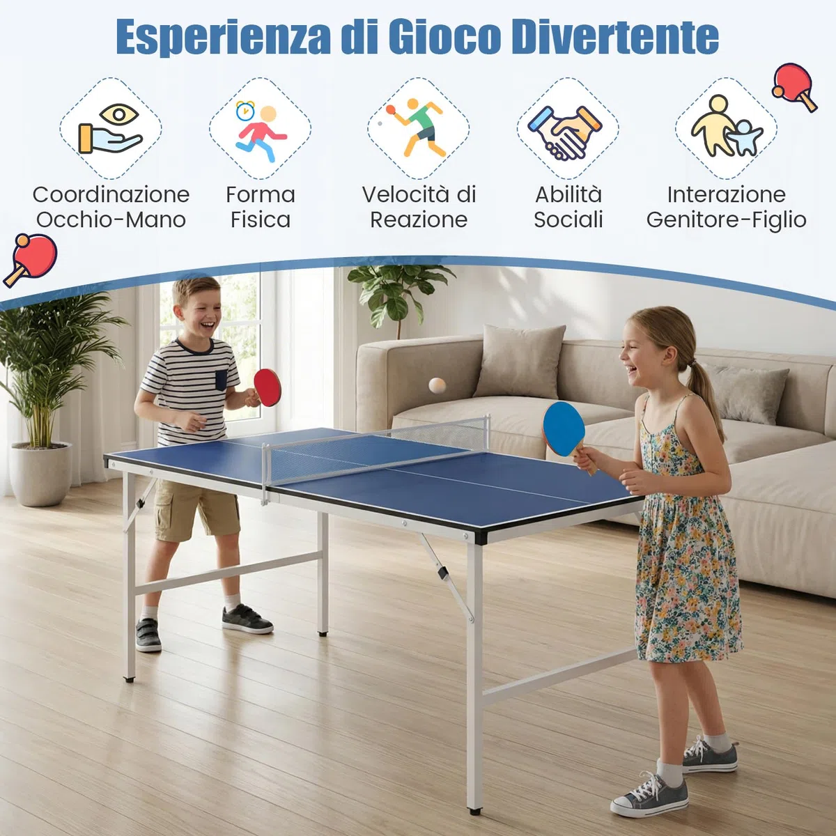 COSTWAY Tavolo da Ping Pong Pieghevole 152,5 x 76 x 71 cm, Tavolo da Ping Pong Salvaspazio e Portatile da Interno ed Esterno con Rete, 2 Racchette, 2 Palline e Maniglia, Preassemblato
