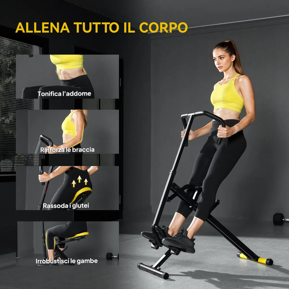 SPORTNOW Macchina Total Crunch Pieghevole con Seduta Regolabile, Macchina Total Power Body Crunch, Allenamento Fitness per Addominali, Corpo, Gambe, Braccia, Glutei, per Casa e Palestra, Giallo
