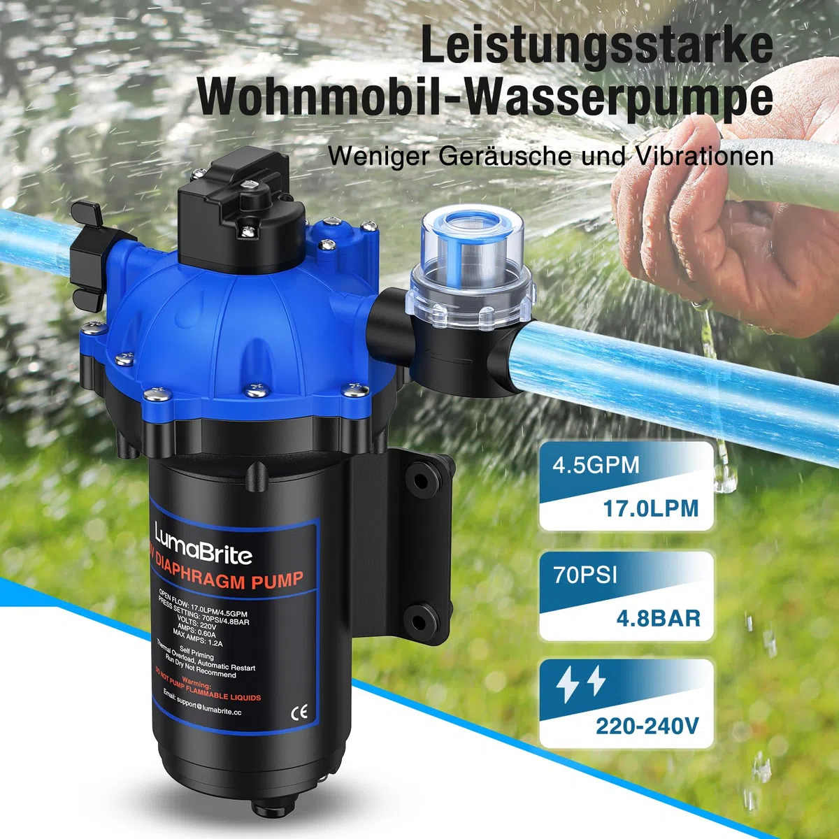 Pompa ad acqua compressa autoadescante AC 220 V, 4,5 GPM 70 PSI, pompa a membrana con pressostato per roulotte per il sistema idrico domestico, irrigazione