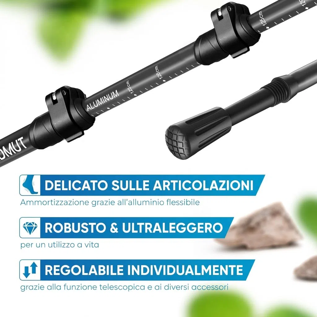 NORDMUT® Bastoni da trekking telescopici di alta qualità, in alluminio e carbonio, per nordic walking, regolabili per uomo e donna, con set di gommini e manico in vero sughero