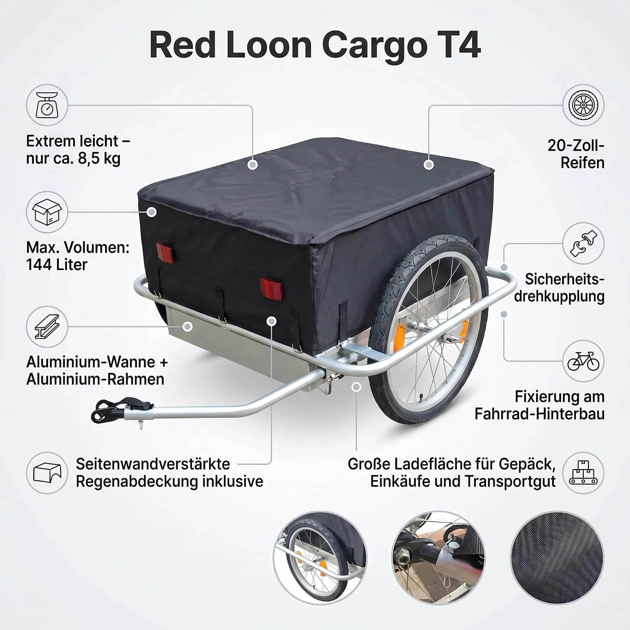 Red Loon - Rimorchio cargo per bicicletta, con cerchioni in alluminio, 144 l, estremamente leggero