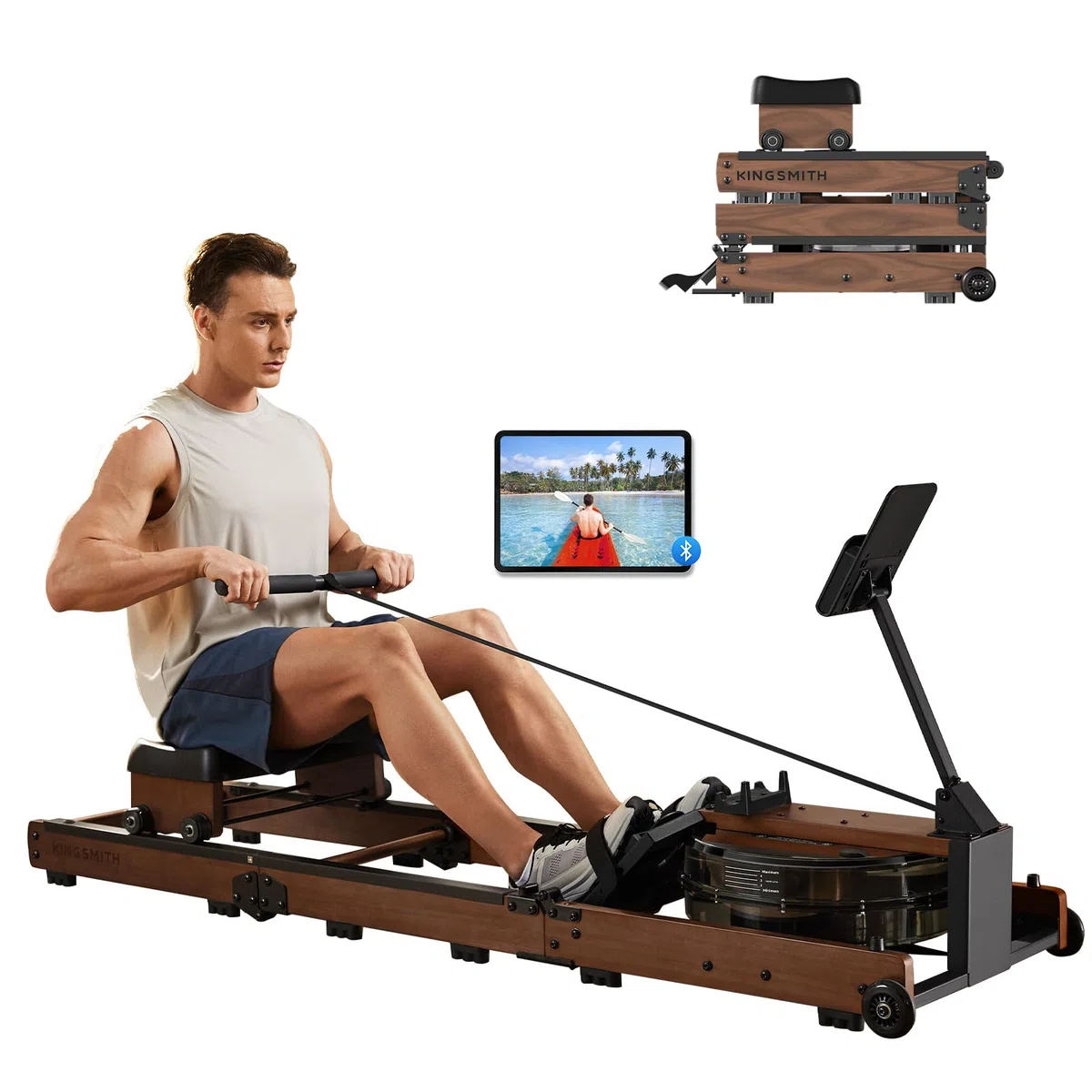 Vogatore Professionale per Casa, Vogatore ad Acqua Tripla Pieghevole con Regolazione di 5 Livelli, Capacità di Peso 180KG con Monitor a LED, Compatibile con l'app Noce