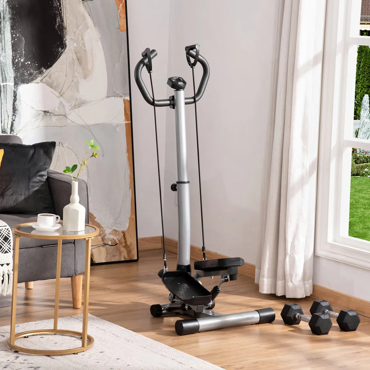 HOMCOM Stepper con Manubrio Regolabile, Impugnature Antiscivolo ed Elastici, Step Fitness con Monitor LCD per Casa e Palestr