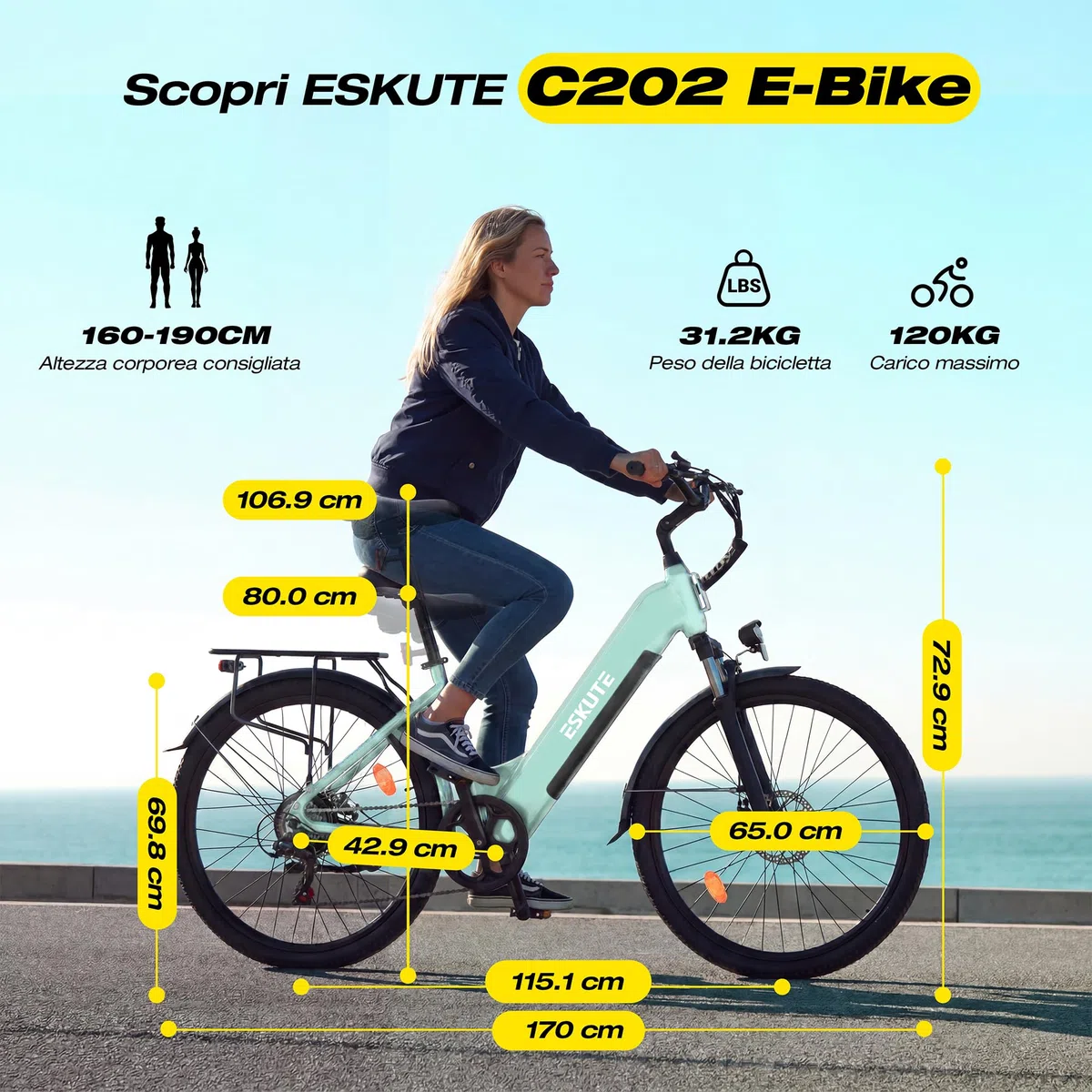 ESKUTE C202 Bicicletta Elettrica 48V 17,5Ah per Adulti 26”, Batteria Rimovibile, E-Bike da Città per Pendolari, Cambio 7 Velocità, 25 km/h, Autonomia fino a 110 km
