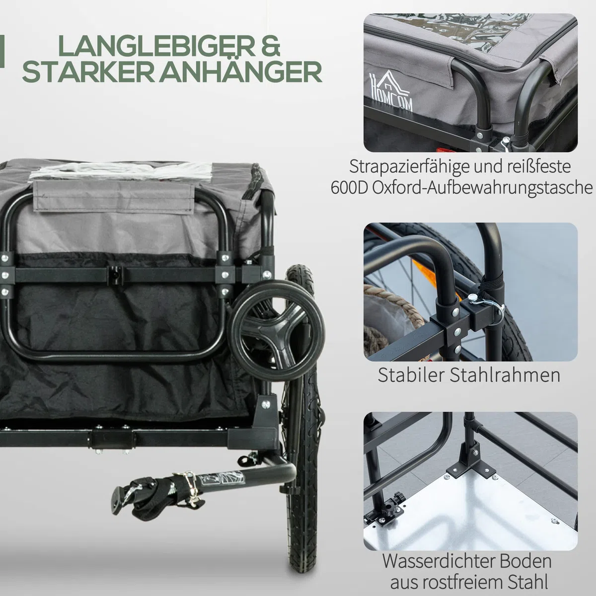 HOMCOM Rimorchio per bicicletta 2 in 1, rimorchio da trasporto, pneumatici da 20 pollici, capacità di carico 40 kg, in acciaio, tessuto Oxford, nero+grigio, 130 x 64 x 64/103 cm