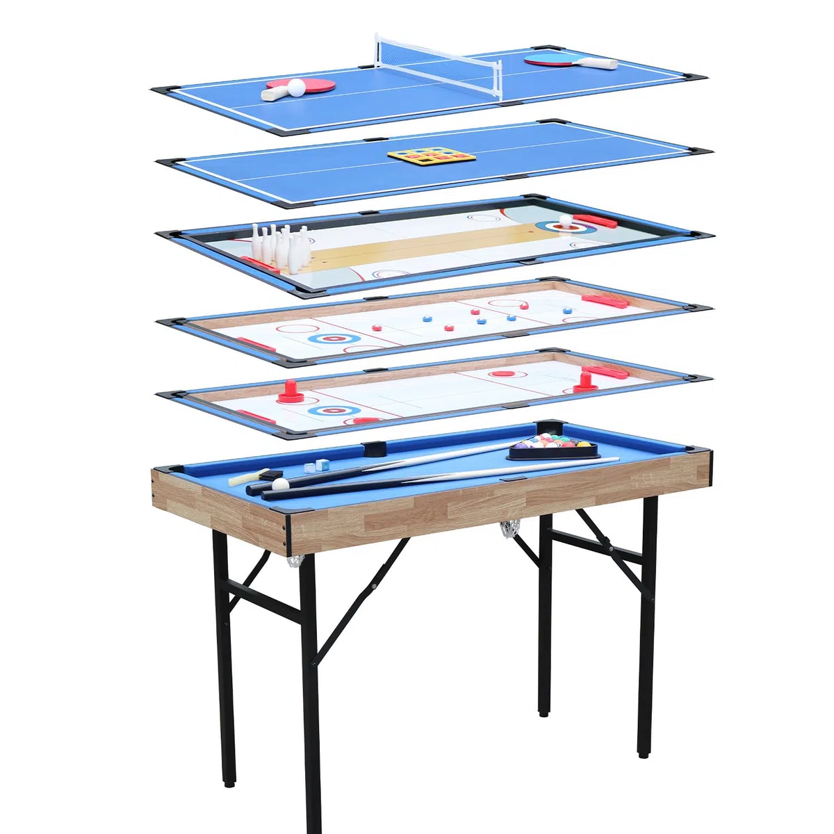 Tavolo Multigioco, Gioco Multifunzione 4 in 1 Tavolo da biliardo pieghevole, biliardo, hockey, ping pong, bowling, shuffleboard e tris con tutti gli accessori(1.2m)