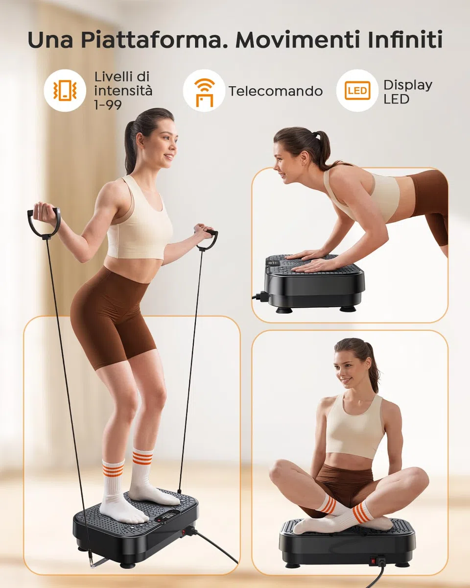 Pedana Vibrante Dimagrante, Vibration Plate Burever 150W, Massaggio Silenzioso ai Piedi, Sviluppo e Modellamento Muscolare, 99 Livelli, 5 Programmi di Allenamento, Telecomando, Fasce Elastiche