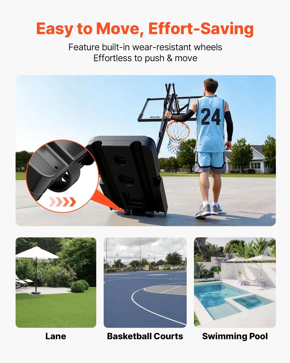 VEVOR Supporto da Basket Portatile Massimo 3,05 m Pallacanestro da Esterno con Piedistallo Regolabile in Altezza Design di Sollevamento, con Ruote e Tabellone PC da 1117,6 mm, per Cortili, Scuole