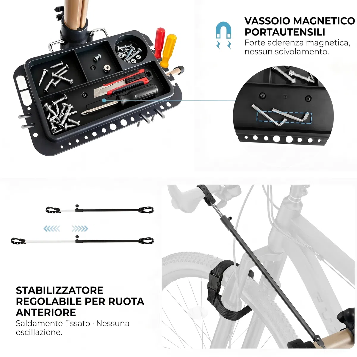 Cavalletto 3 Gambe Alluminio Riparazione e Montaggio Bici, Completamente Pieghevole, Doppio Blocco Sicurezza, Compatto, Ultraleggero, Ampio Vassoio Magnetico