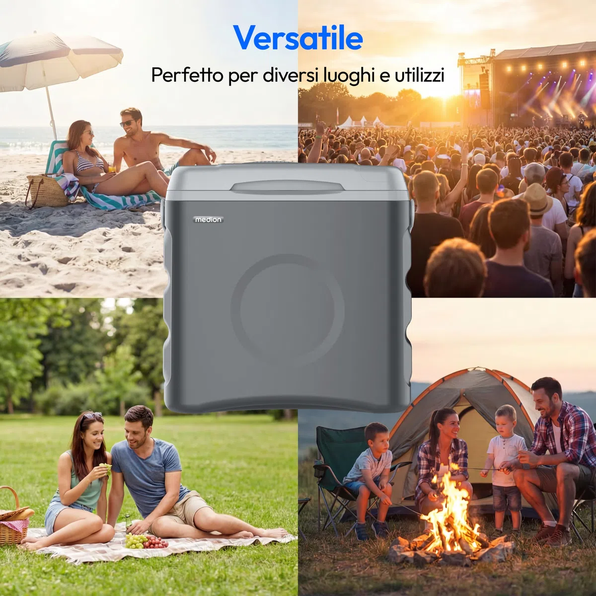 MEDION Borsa frigo termolettrica portatile 35 L, funzione raffreddamento e mantenimento caldo, 12 V accendisigari 230 V rete USB 5 V alimentazione, per auto barca campeggio, MD370030, grigio