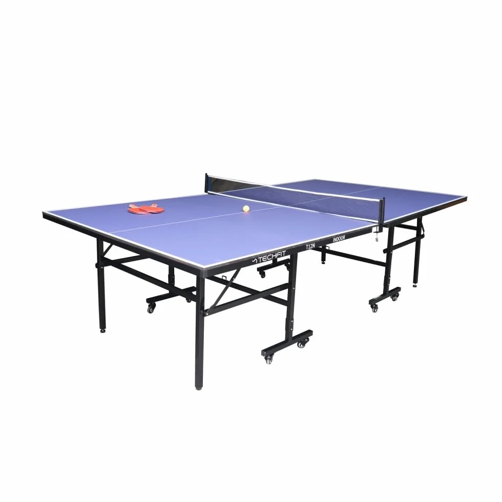 TechFit Tavolo da Ping Pong Professionale per Interni - Pieghevole da Interno con Inclinazione Unilaterale, Struttura Metallica Nera, Rete da 180 cm, Roti Silconate con Freni, 274x152,5x76 cm