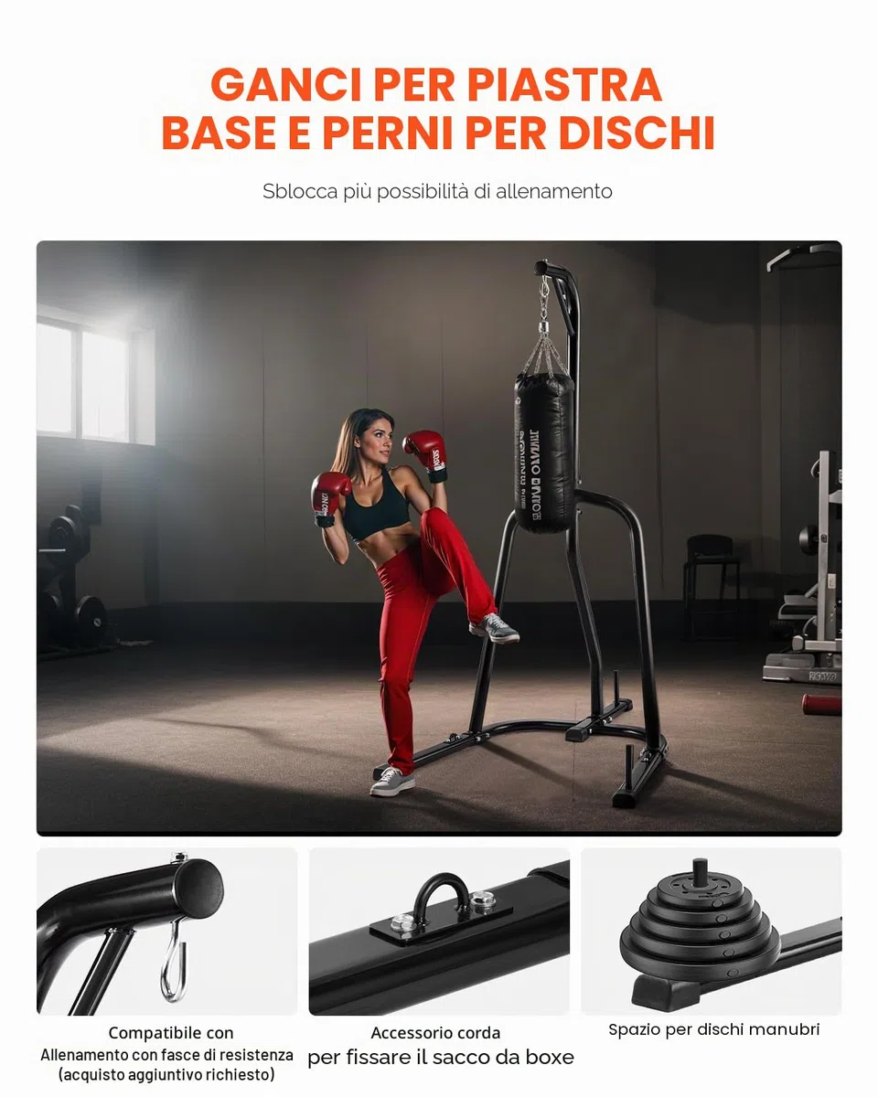 VEVOR Supporto per sacco da boxe, in acciaio resistente, attrezzatura per allenamento di allenamento, altezza regolabile, supporto da boxe con base ponderata, supporta fino a 63,5 kg, autoportante
