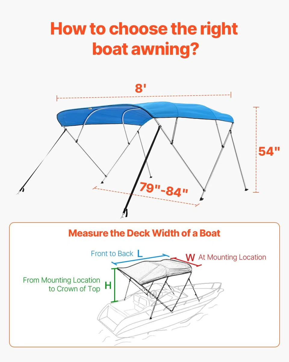 VEVOR Tendalino per Barca a 4 Archi in Poliestere 600D con Telaio in Lega di Alluminio, Tendalino Parasole Impermeabile per Barca con Borsa Portaoggetti, Larghezza 201 a 213 cm Blu Pacifico