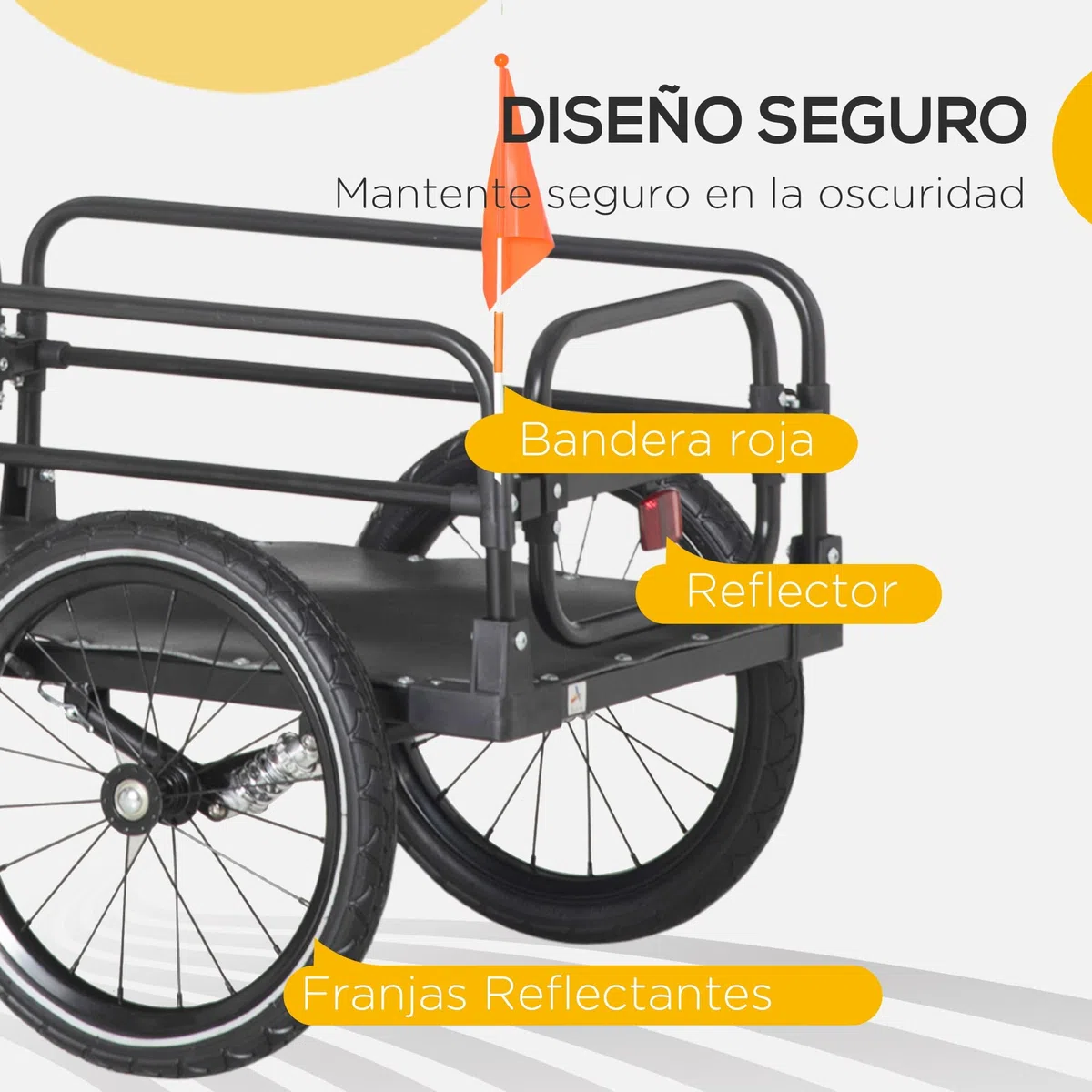HOMCOM Rimorchio carico bicicletta, carrello rimovibile 2 ruote riflettenti, bandiera telaio ammortizzatore, 70 l, 40 kg, 125 x 64 x 53,5 cm, nero
