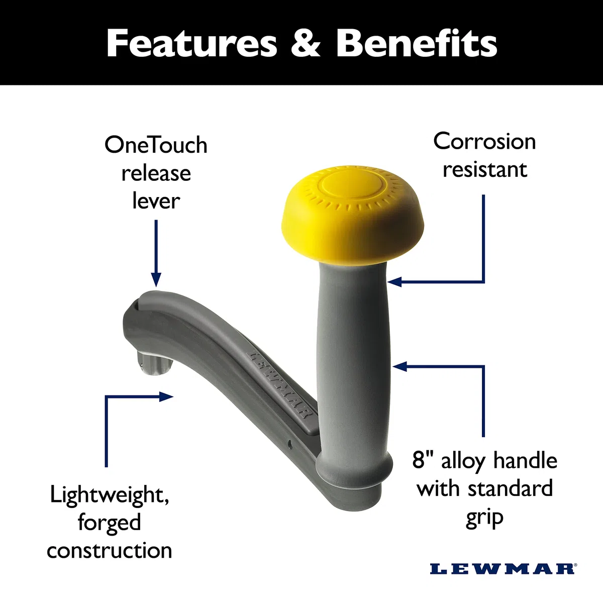 Lewmar One Touch Winch Handle with 8" Power Grip for Sailboats, Verricello Unisex-Adulto, Nero, 20 cm