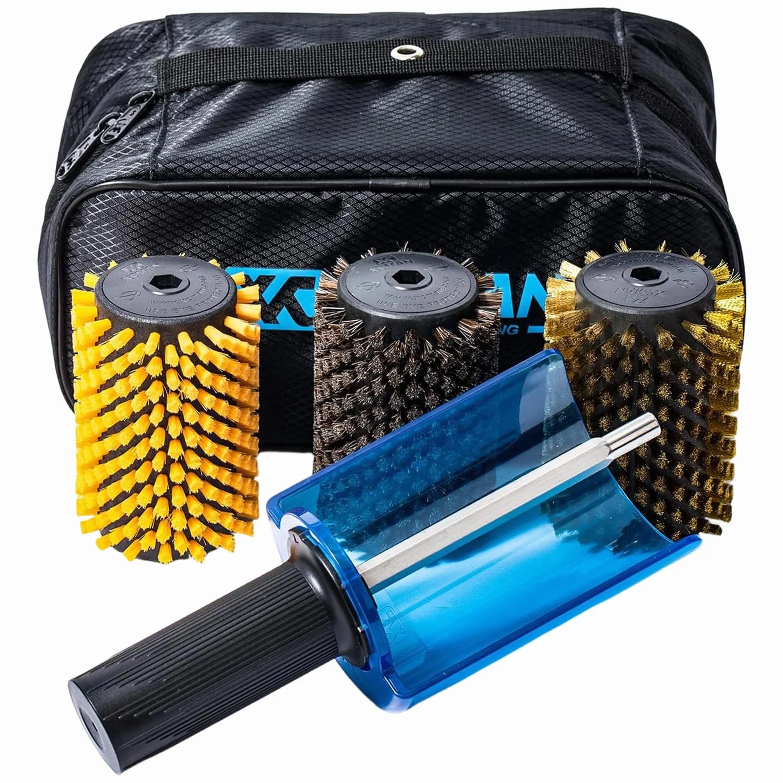 XCMAN - Set di spazzole rotanti per Sci, con Manico e ASSE e 3 spazzole: Nylon, crine di Cavallo, Ottone/Sughero