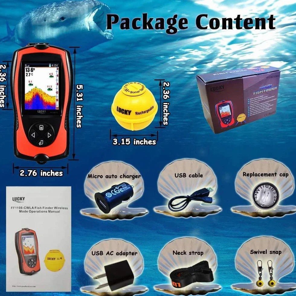 LUCKY Ecoscandaglio da Pesca Portatile Sensore Sonar Trasduttore Cercatore di profondità dell'acqua Schermo a cristalli liquidi Ecoscandaglio Fish Lampada Attraente Sul Ghiaccio Pesca in Mare