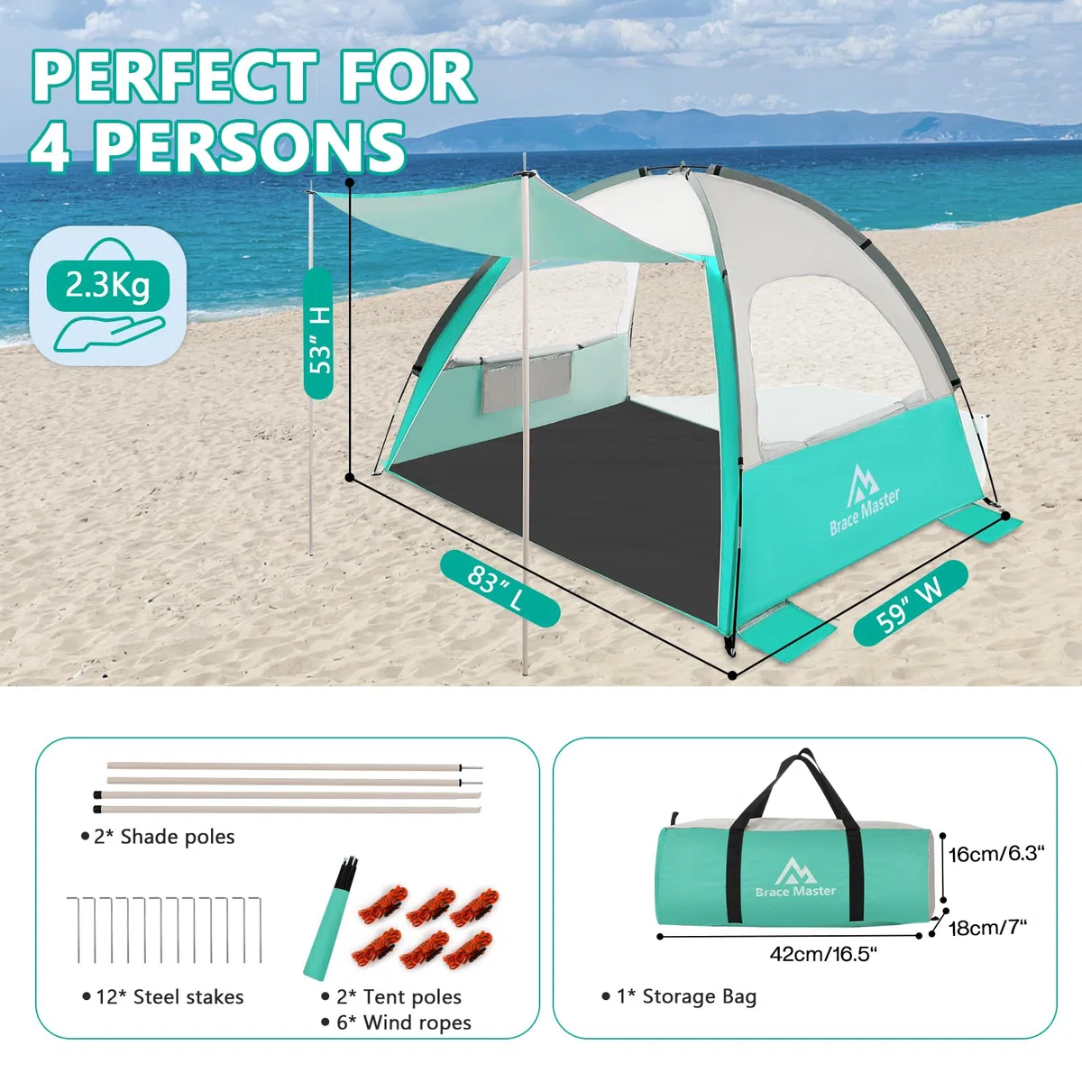 Brace Master Tenda da Spiaggia con Tendalino, Tenda Portatile UPF 50+, Adatta per 2-3 Persone, Facile Installazione, Adatta per Spiaggia, Campeggio, Pesca, Verde