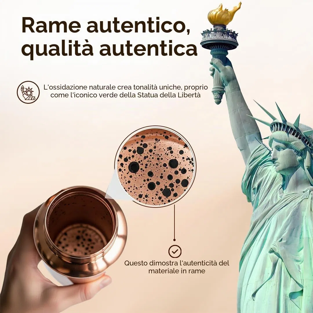 Bottiglia Acqua in Rame Puro Martellato 950 ml – Bottiglia Ayurvedica Antiperdita Senza BPA per Yoga Palestra Viaggi e Ufficio con Borsa in Tela Tasche e Spazzola Pulizia Inclusa