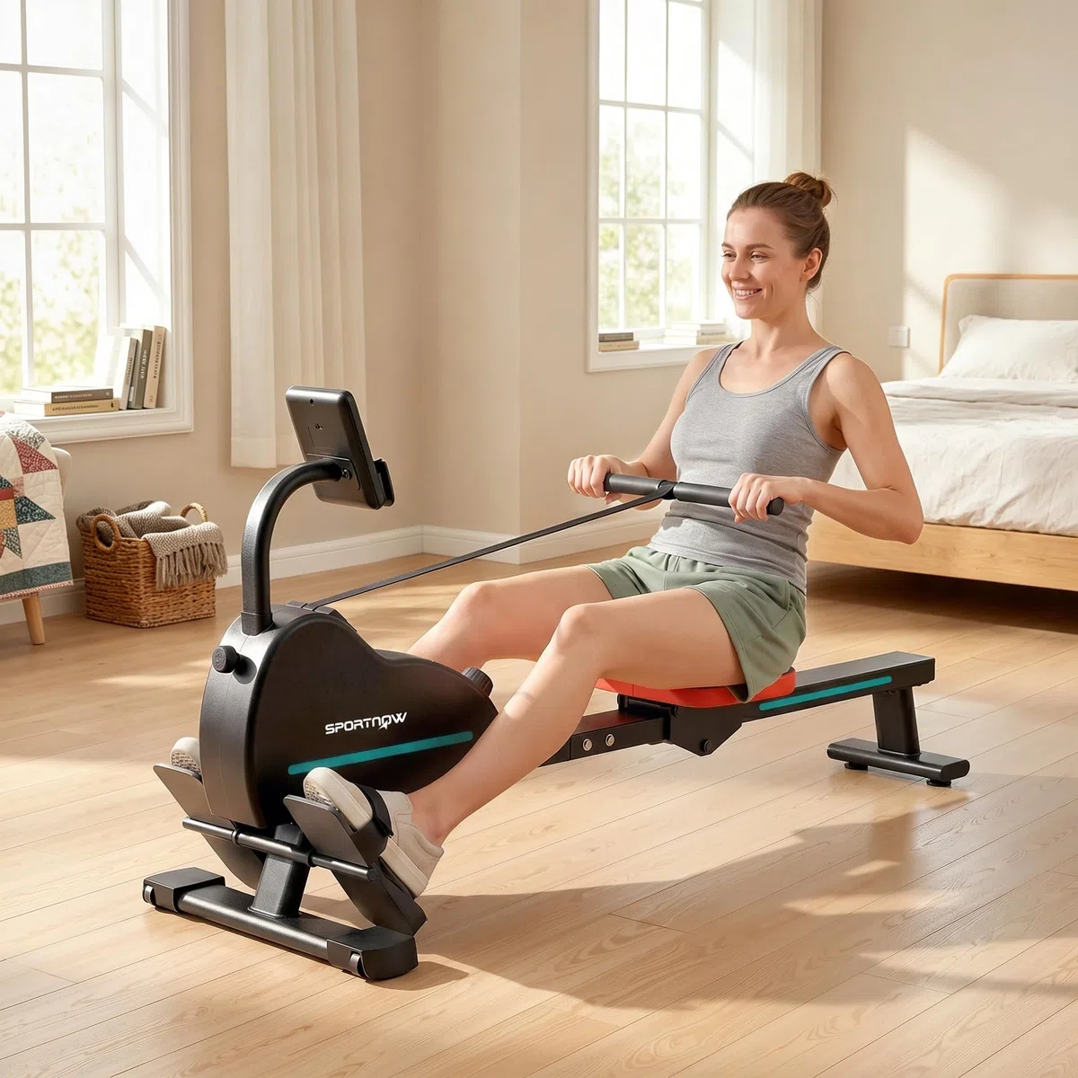SPORTNOW Vogatore per Casa, Vogatore Magnetico Silenzioso, 16 Livelli Resistenza, APP Bluetooth, Display LCD, Portatelefono, Ruote, Stoccaggio Verticale Salvaspazio, Max 130kg, Fitness Casa Palestra