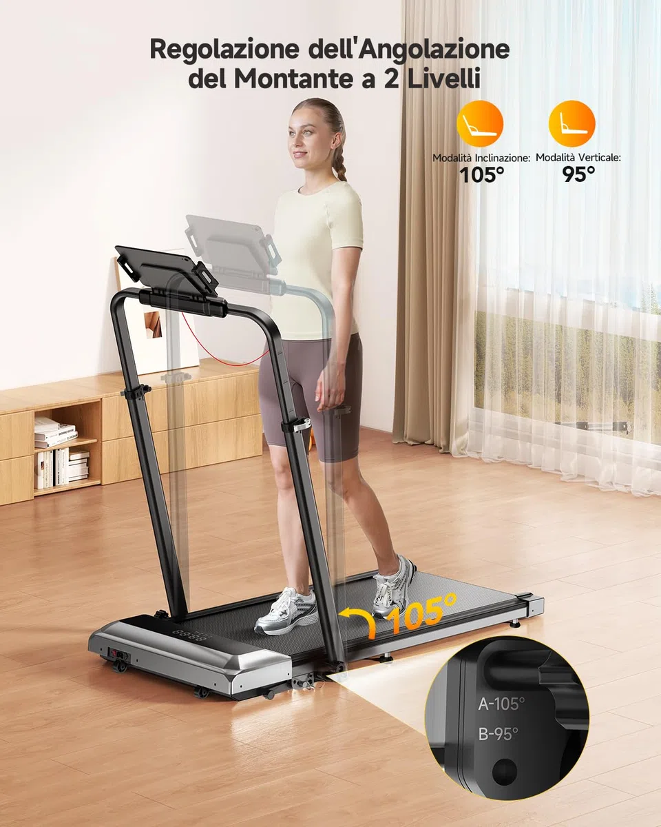 6 in 1 Tapis Roulant Elettrico, 12km/h Tapis Roulant Pieghevole con 12% Pendenza, 1150MM Tubo Montante Retrattile, 95°/105° Tubo Montante Rotante, 2.5HP Motore, App e Telecomando