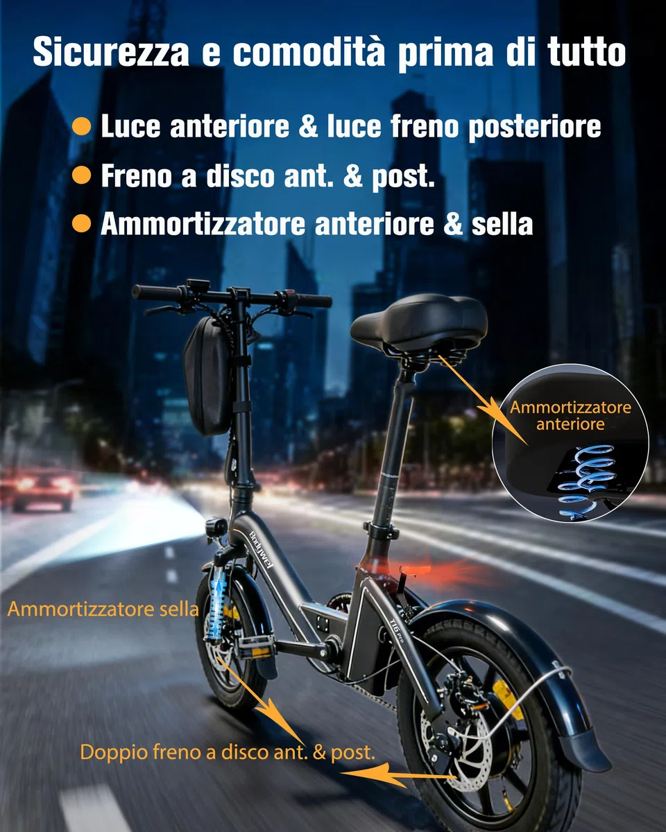 Bodywel T16Pro Bici Elettrica Pieghevole 14" Leggera Adulti/Ragazzi, Batteria 36V 10Ah + Motore 250W, 3 Velocità, Display LED 4.5", Preassemblata 90% per Città
