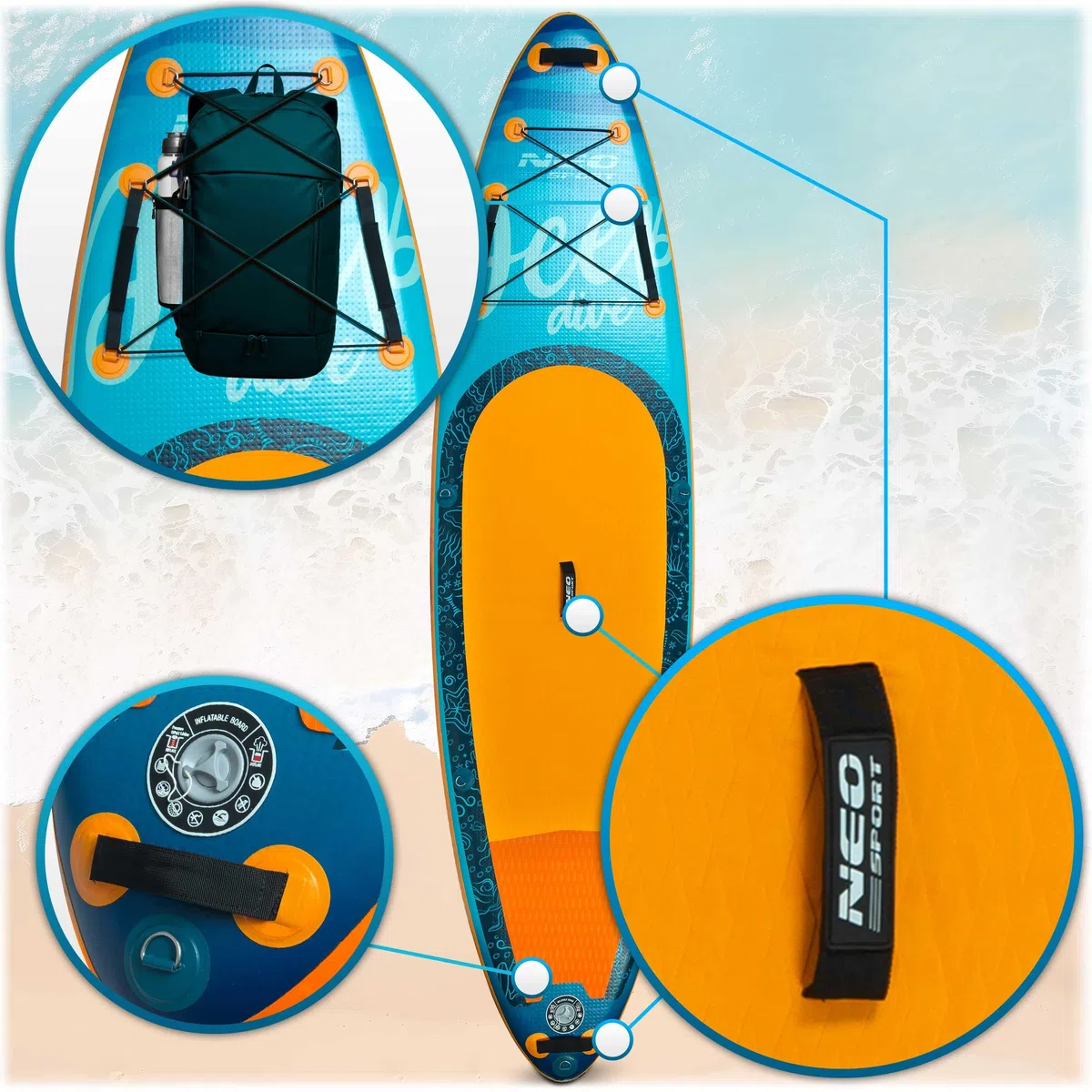 Neo-Sport Tavola da SUP gonfiabile per paddle con pompa a mano zaino per seduta acquasurf 320 x 84 x 15 cm