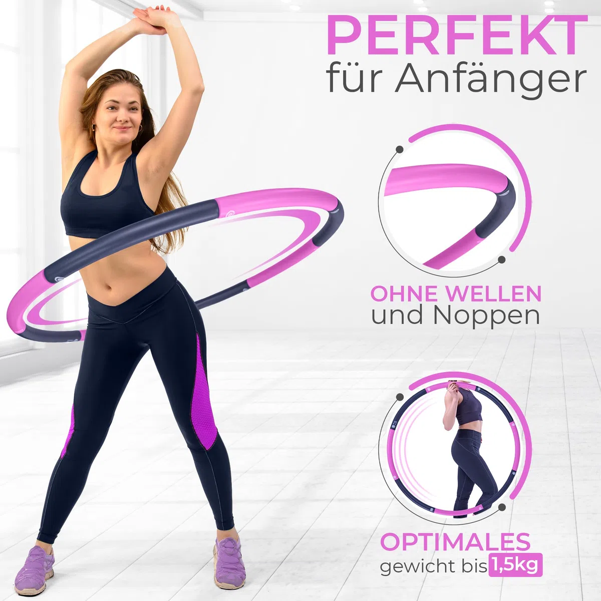 Hula Hoop - Pneumatico per principianti senza onde e gommini [1 kg fino a 1,5 kg, 75 – 100 cm, 6 – 8 segmenti] – Hullahub Fitness Sport per adulti