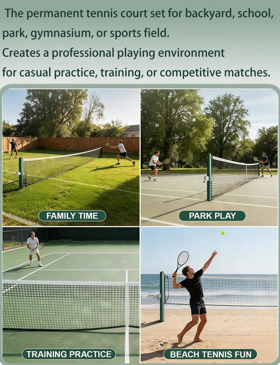 Rete da tennis permanente da 106,7 cm, pali da tennis in acciaio con maniche a terra, kit per pali fissi per cortile e campi scolastici