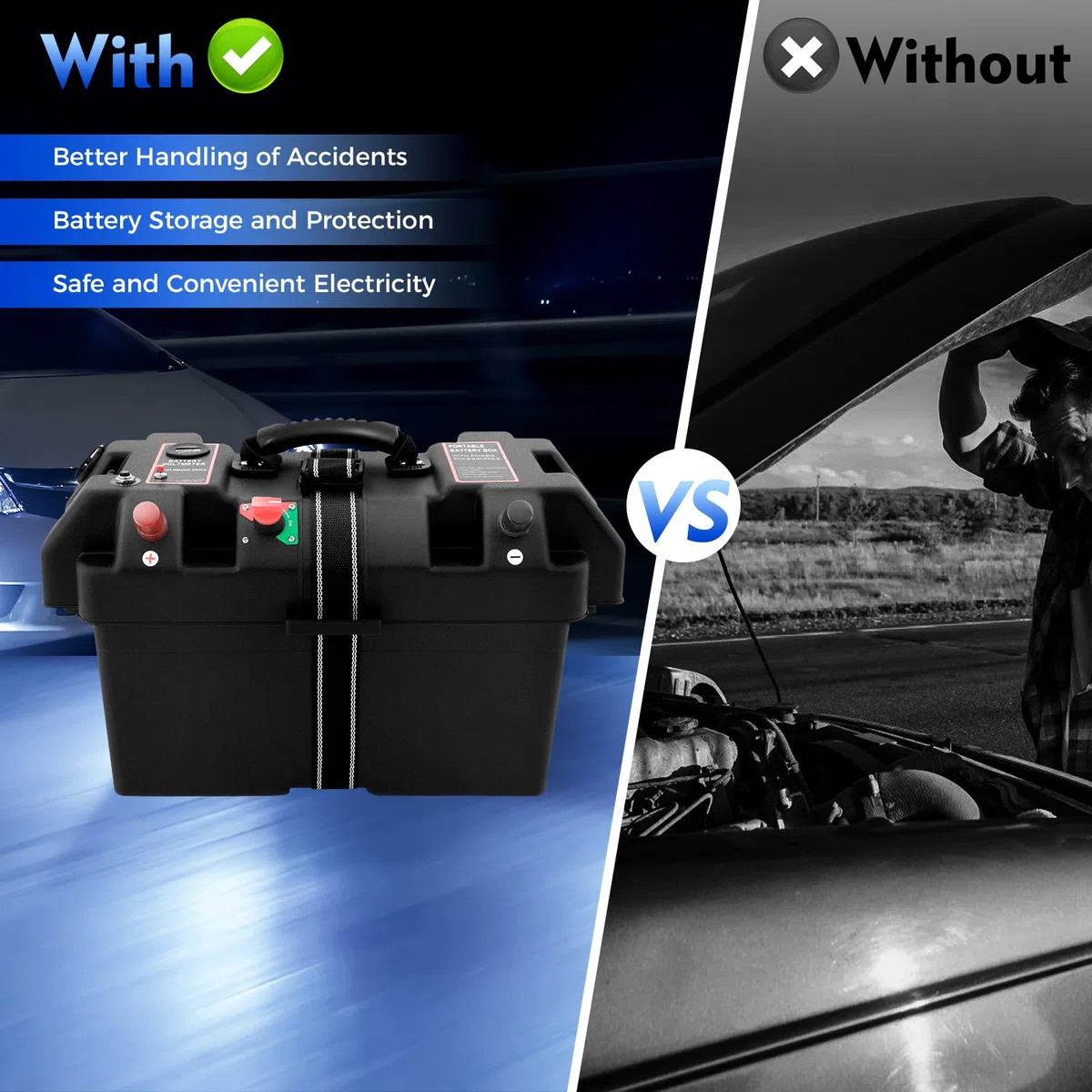 Scatola per batteria, motore elettrico multifunzione, gonfiabile, per esterni, con 2 porte USB, indicatore di tensione LED, protezione da sovraccarico per campeggio, auto, barca (nero)