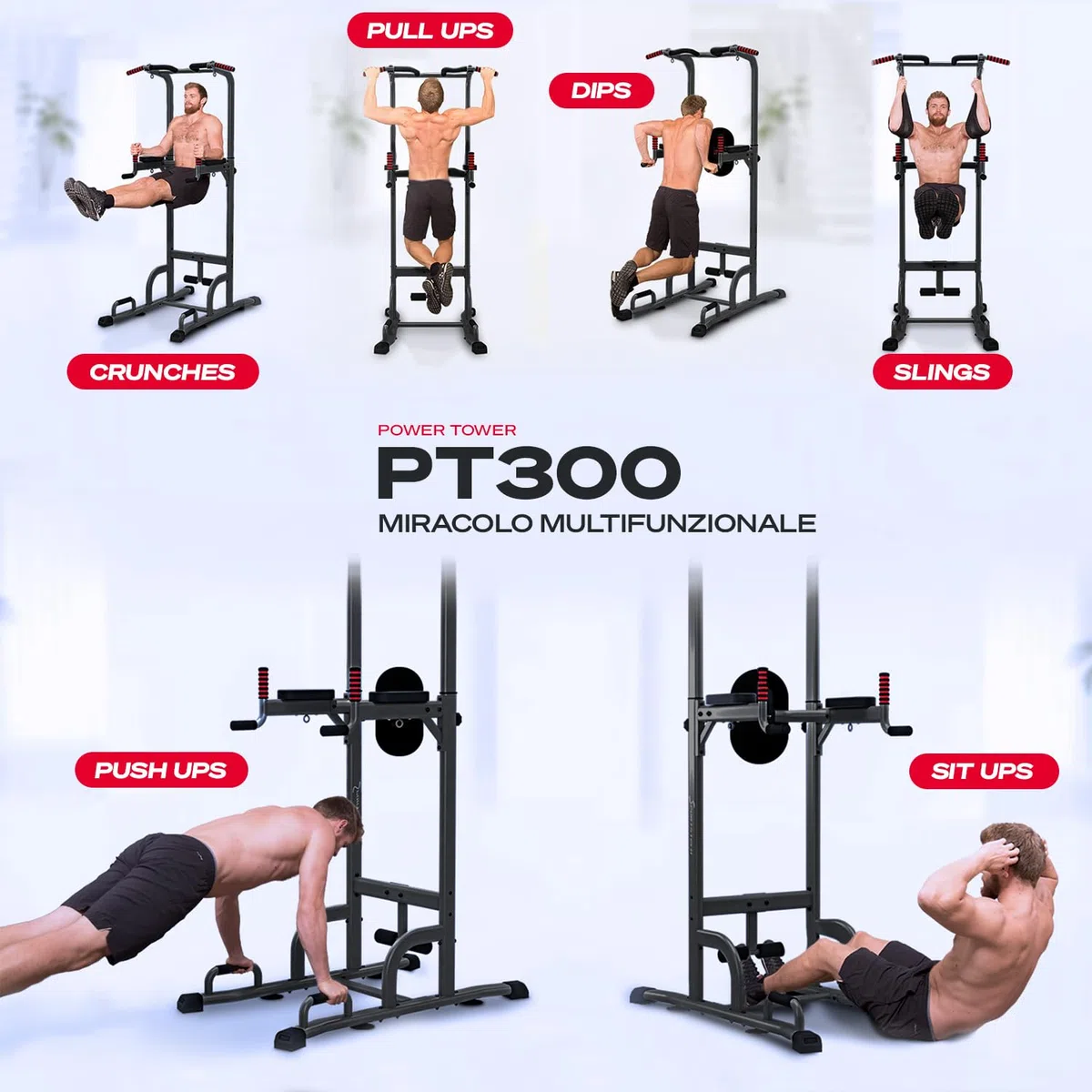 Sportstech Power Tower PT300 | Stazione di allenamento multifunzionale 7 in 1 | Torre per bodybuilding per trazioni e dip | Impugnature per flessioni + Anelli per corde di resistenza e sospensione