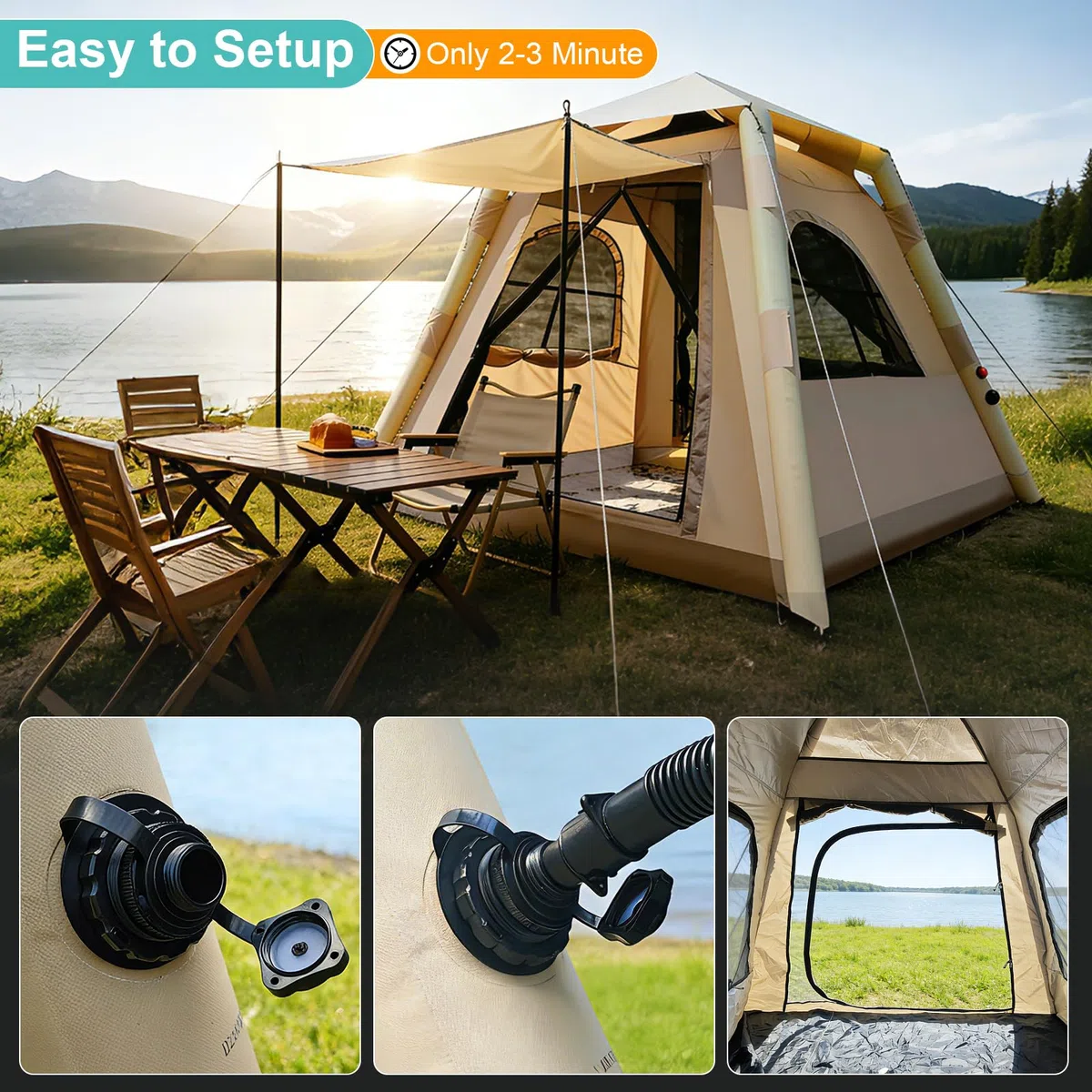 Tenda Gonfiabile da Campeggio 2 Posti 4 Stagioni – Tenda Campeggio Gonfiabile con Pompa, 90 secondi Montaggio Rapido, Impermeabile Antivento, Tenda per Famiglia Festival, Attività all'aperto, Trekking